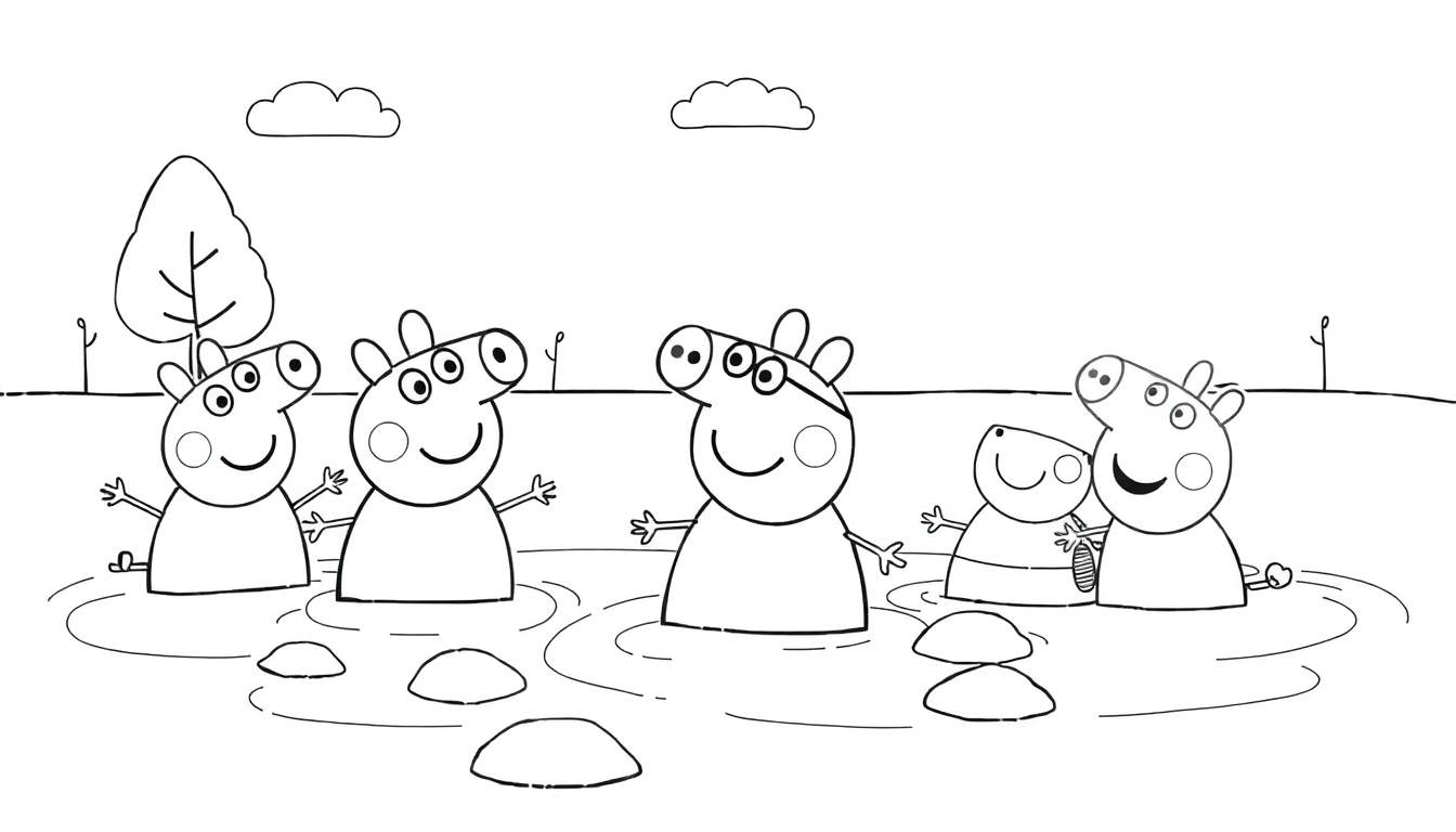 Peppa Pig et sa famille sautent dans une flaque de boue.