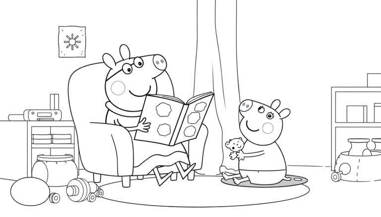 Une plaque en noir et blanc de Mama Pig lisant une histoire à Peppa.