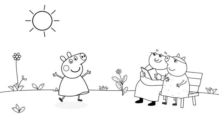 Dessin au trait de Peppa Pig et sa famille dans un parc ensoleillé, Peppa tenant ses bras en l'air, Daddy et Mummy Pig assis sur un banc.