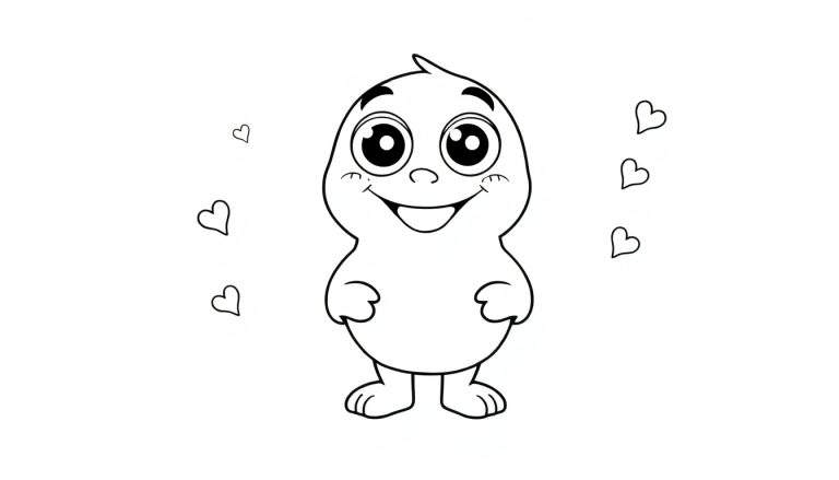Un personnage Toca Boca mignon avec de grands yeux et un sourire, sur un fond blanc avec des cœurs, prêt pour un color panel.