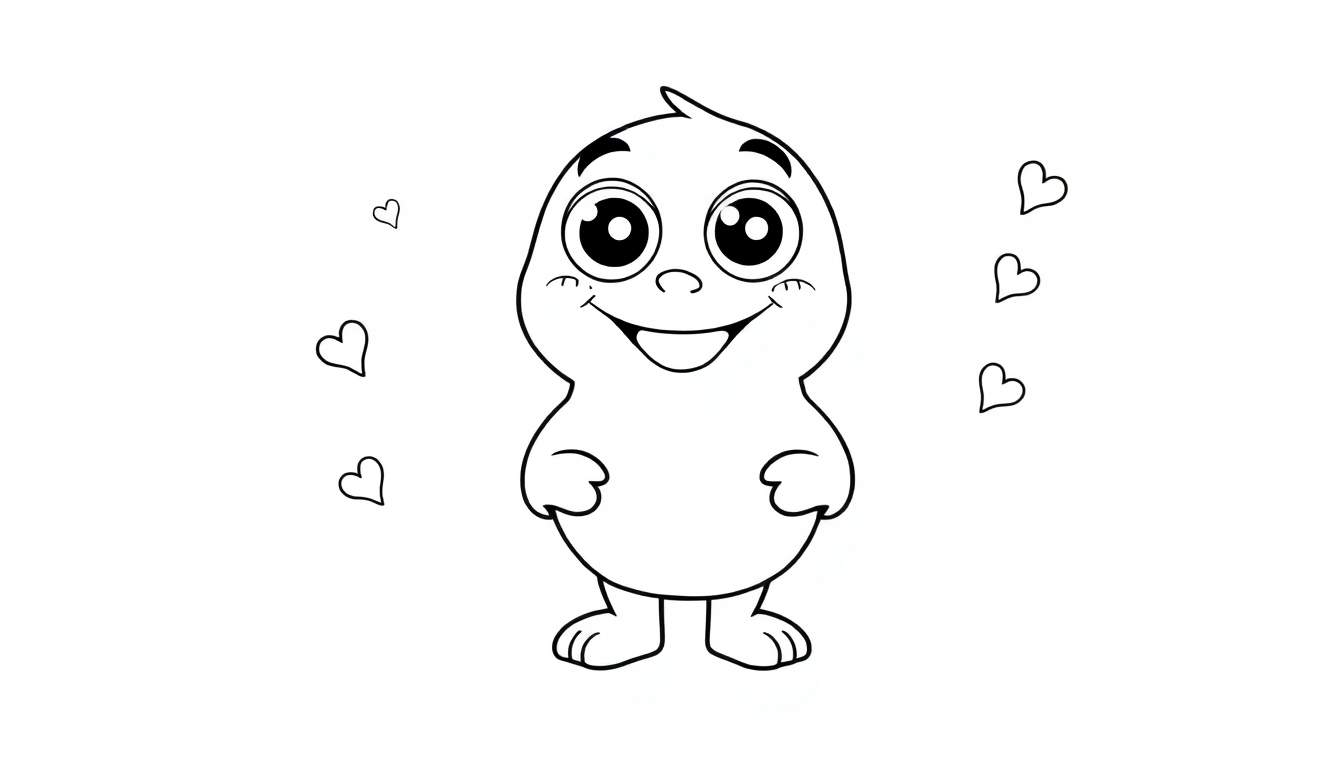 Un personnage Toca Boca mignon avec de grands yeux et un sourire, sur un fond blanc avec des cœurs, prêt pour un color panel.