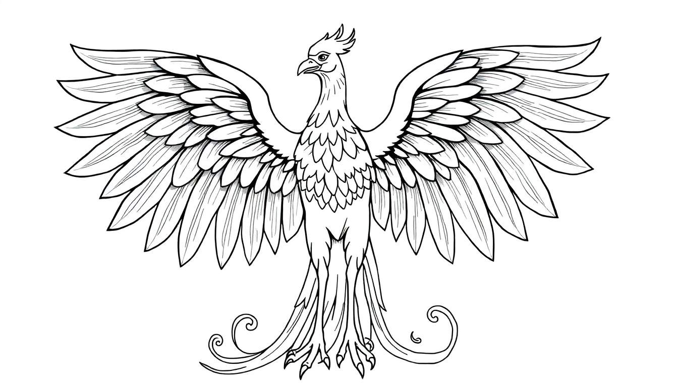 Dessin au trait d'un phénix avec les ailes déployées, prêt à être colorisé.