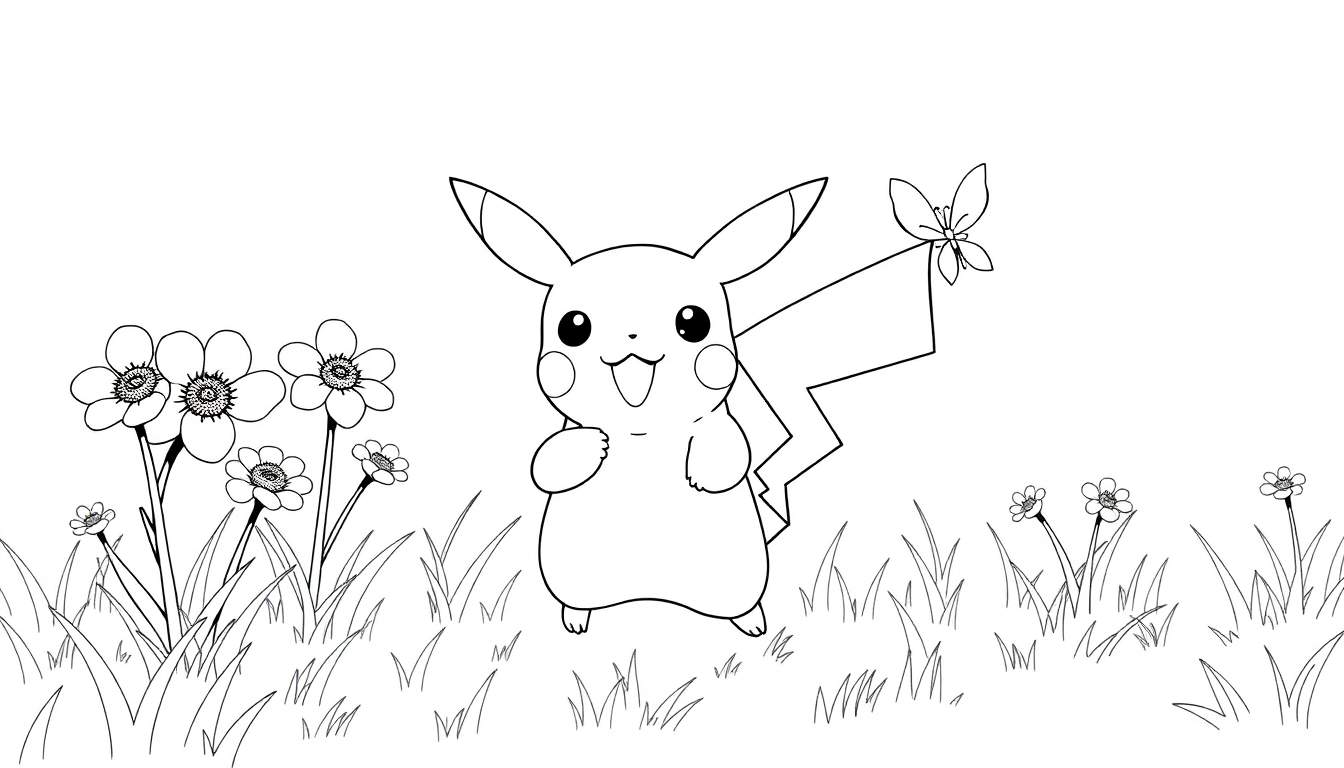 Pikachu joyeux dans un champ de fleurs, prêt à être coloré.