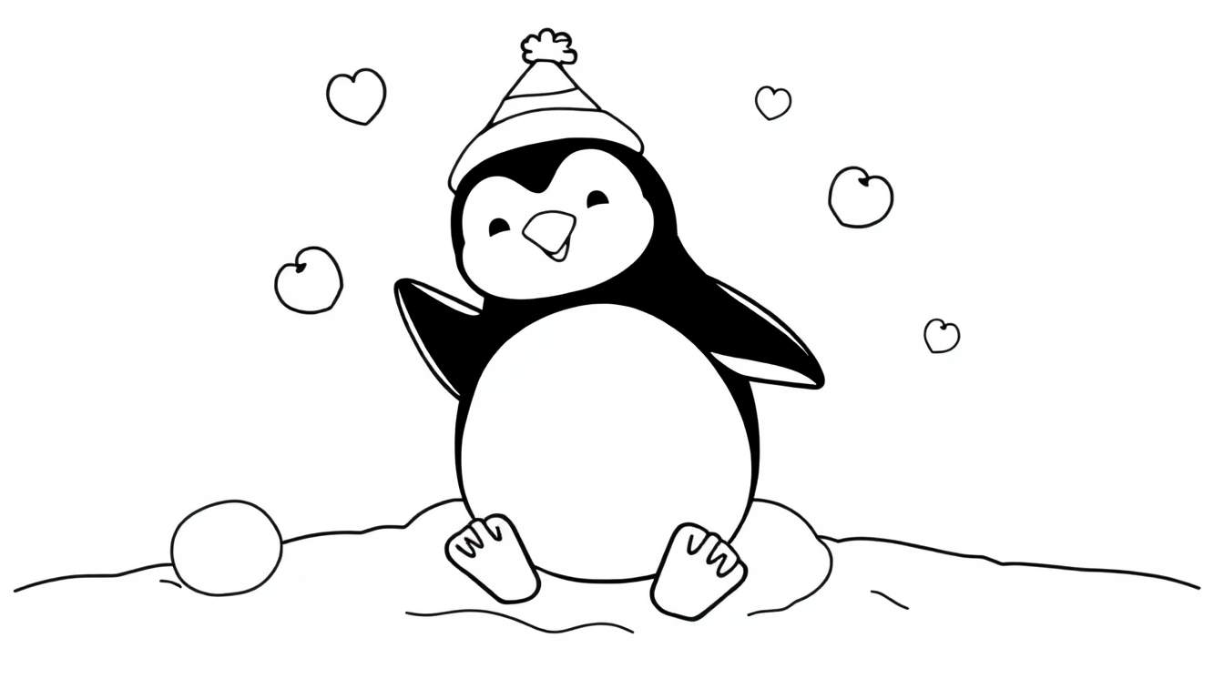 Un dessin au trait d'un pingouin de dessin animé portant un chapeau rayé, assis dans la neige, avec des cœurs en arrière-plan.