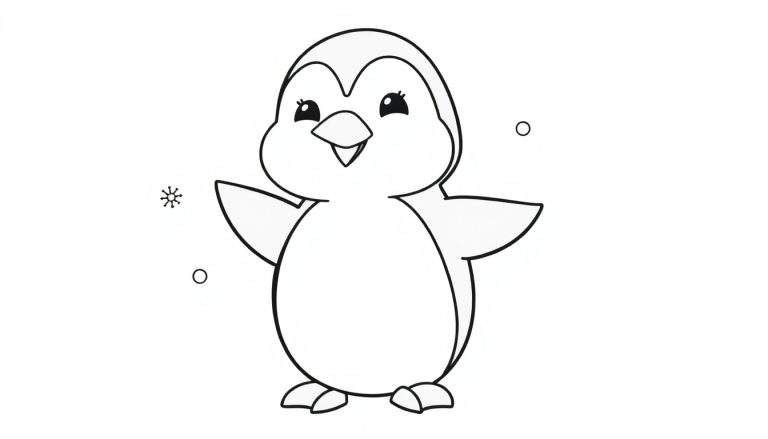 Dessin au trait d'un pingouin mignon avec un flocon de neige, idéal pour un color panel.
