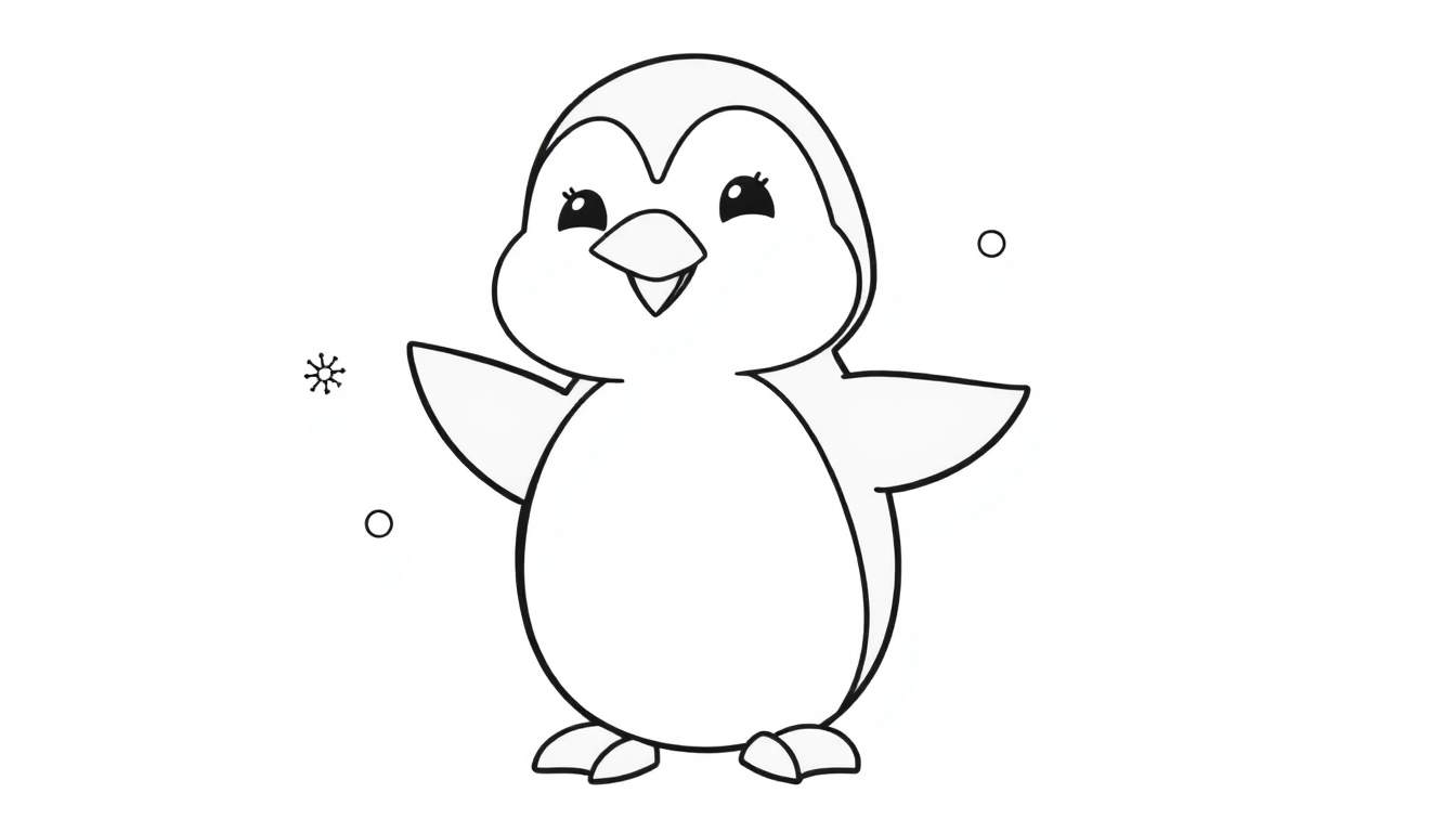 Dessin au trait d'un pingouin mignon avec un flocon de neige, idéal pour un color panel.