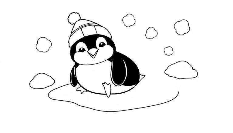 Un adorable pingouin noir et blanc, vêtu d'un bonnet à pompon, assis sur la glace avec des flocons de neige stylisés flottant autour de lui, parfait pour un color panel.