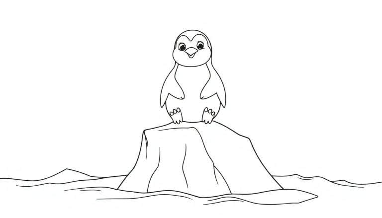 Un dessin au trait d'un pingouin souriant sur un iceberg, prêt à être colorié.