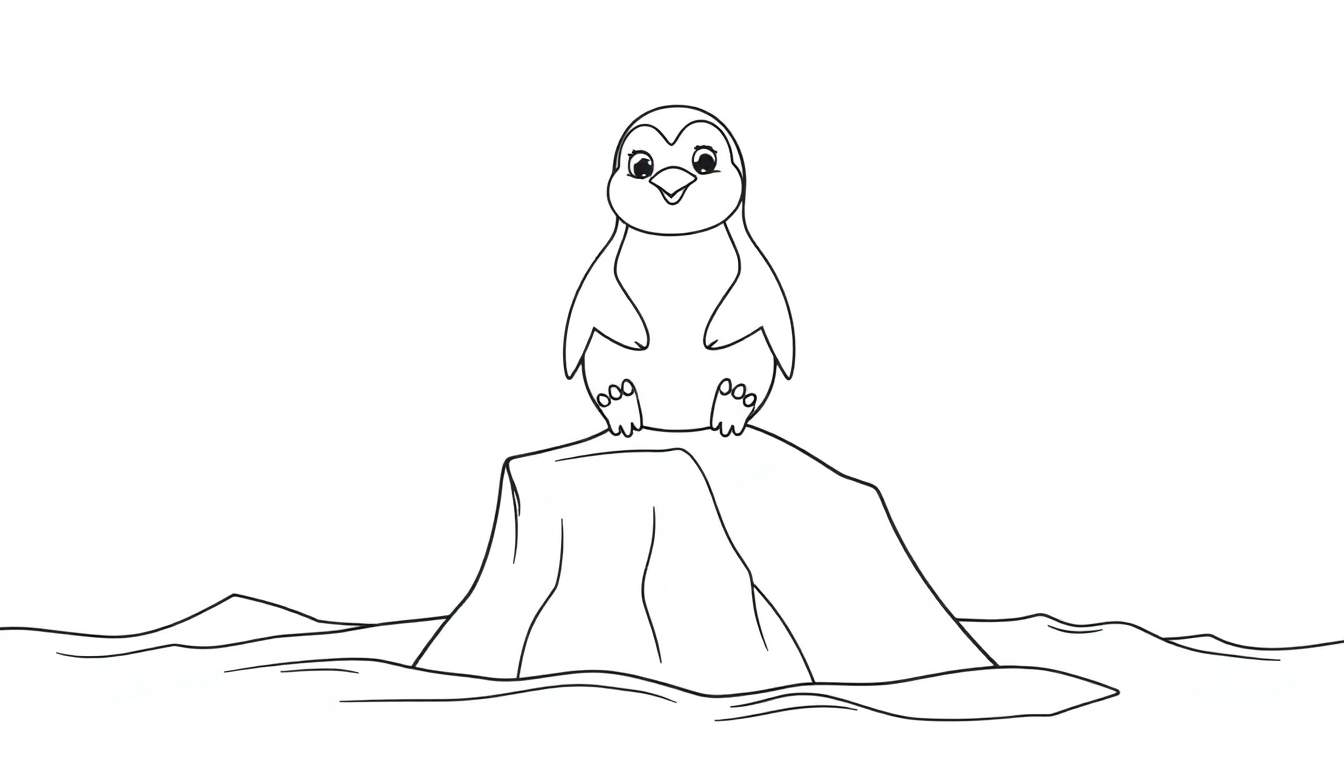 Un dessin au trait d'un pingouin souriant sur un iceberg, prêt à être colorié.