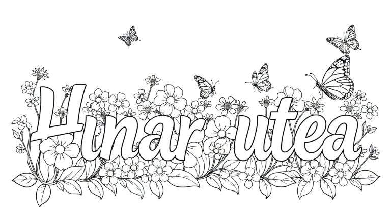 Plaque colorée avec le prénom Hinarutea, entouré de fleurs et de papillons.