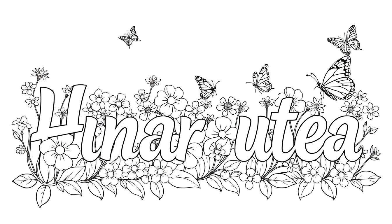 Plaque colorée avec le prénom Hinarutea, entouré de fleurs et de papillons.