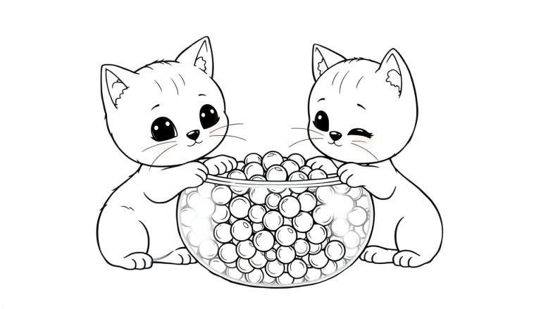 Deux chatons kawaii noirs et blancs sur une plaque de coloriage, regardant dans un bol de billes.