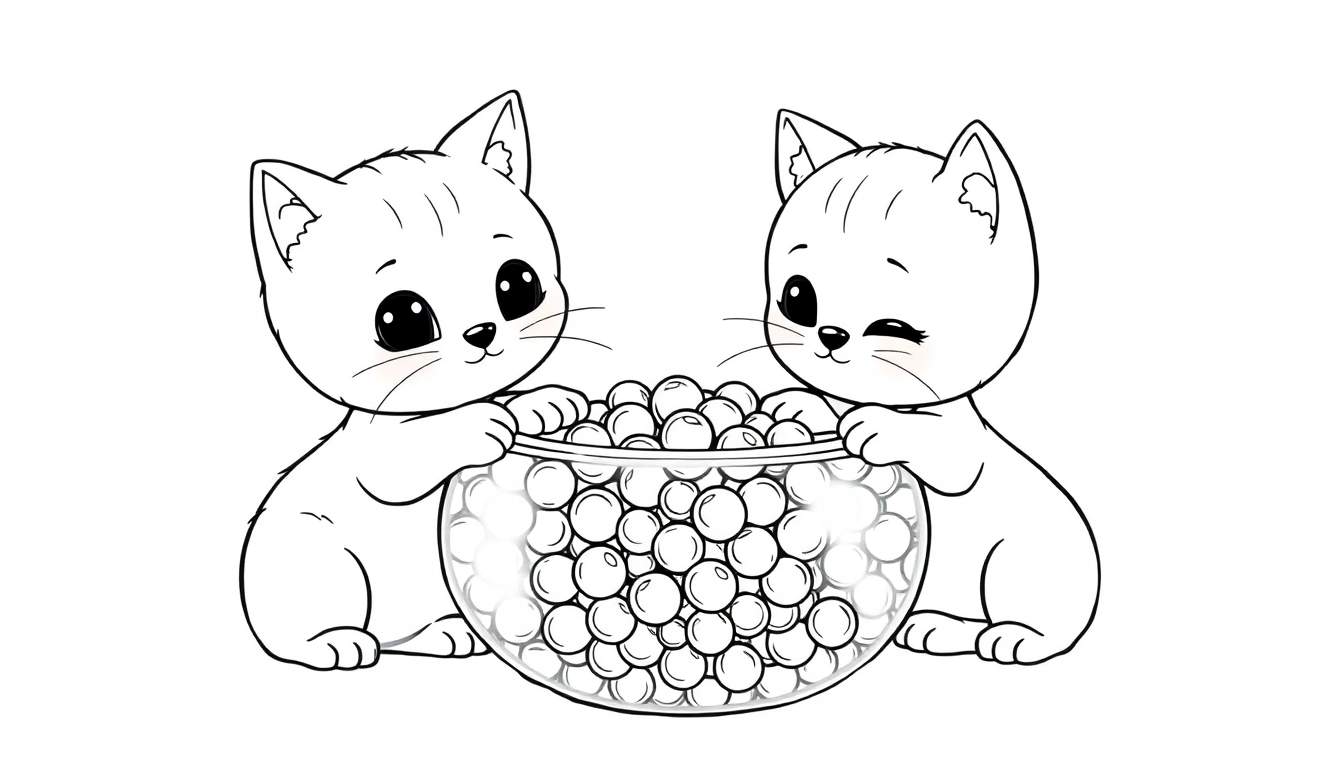 Deux chatons kawaii noirs et blancs sur une plaque de coloriage, regardant dans un bol de billes.