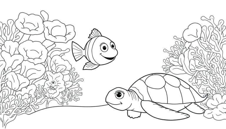 Color panel d'une tortue de mer et d'un poisson souriant