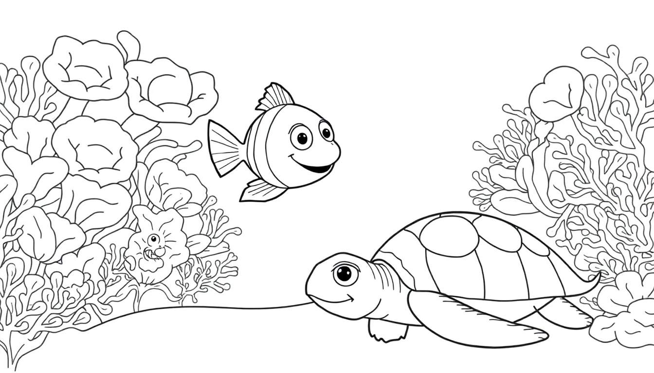 Color panel d'une tortue de mer et d'un poisson souriant