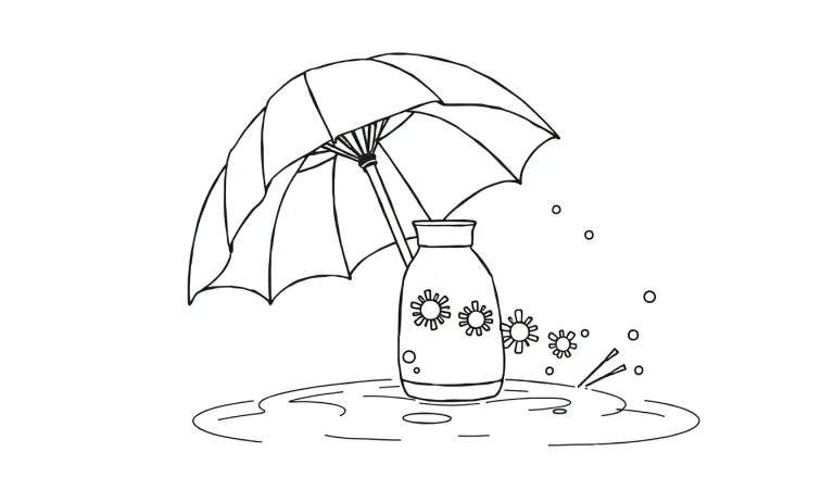 Un parapluie coloré et un vase en pleine pluie, avec des éclaboussures et des gouttes dans l'air, le tout dessiné dans un style simple.