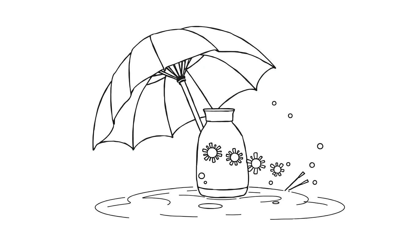 Un parapluie coloré et un vase en pleine pluie, avec des éclaboussures et des gouttes dans l'air, le tout dessiné dans un style simple.