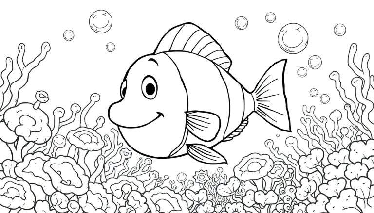 Page à colorier d'un poisson clown joyeux dans un récif corallien coloré avec des bulles.
