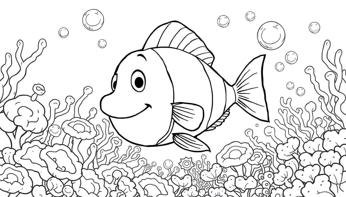 Page à colorier d'un poisson clown joyeux dans un récif corallien coloré avec des bulles.