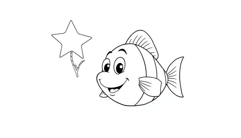 Un dessin au trait d'un poisson-clown souriant nageant à droite, à côté d'une étoile à cinq branches ressemblant à une plante.