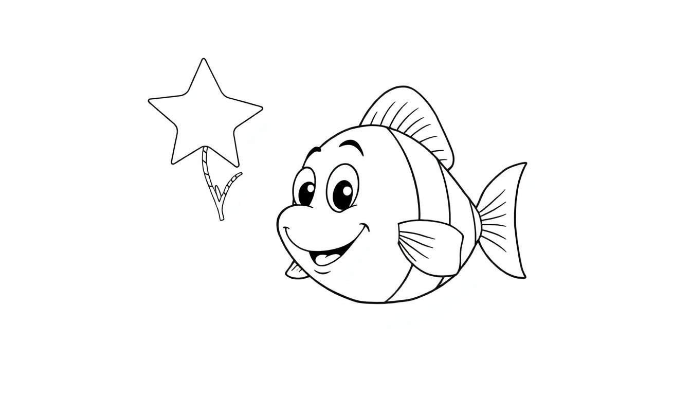 Un dessin au trait d'un poisson-clown souriant nageant à droite, à côté d'une étoile à cinq branches ressemblant à une plante.