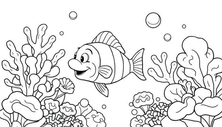 Un poisson-clown souriant nage dans un récif corallien dessiné, avec des bulles et des algues, idéal pour un color panel.