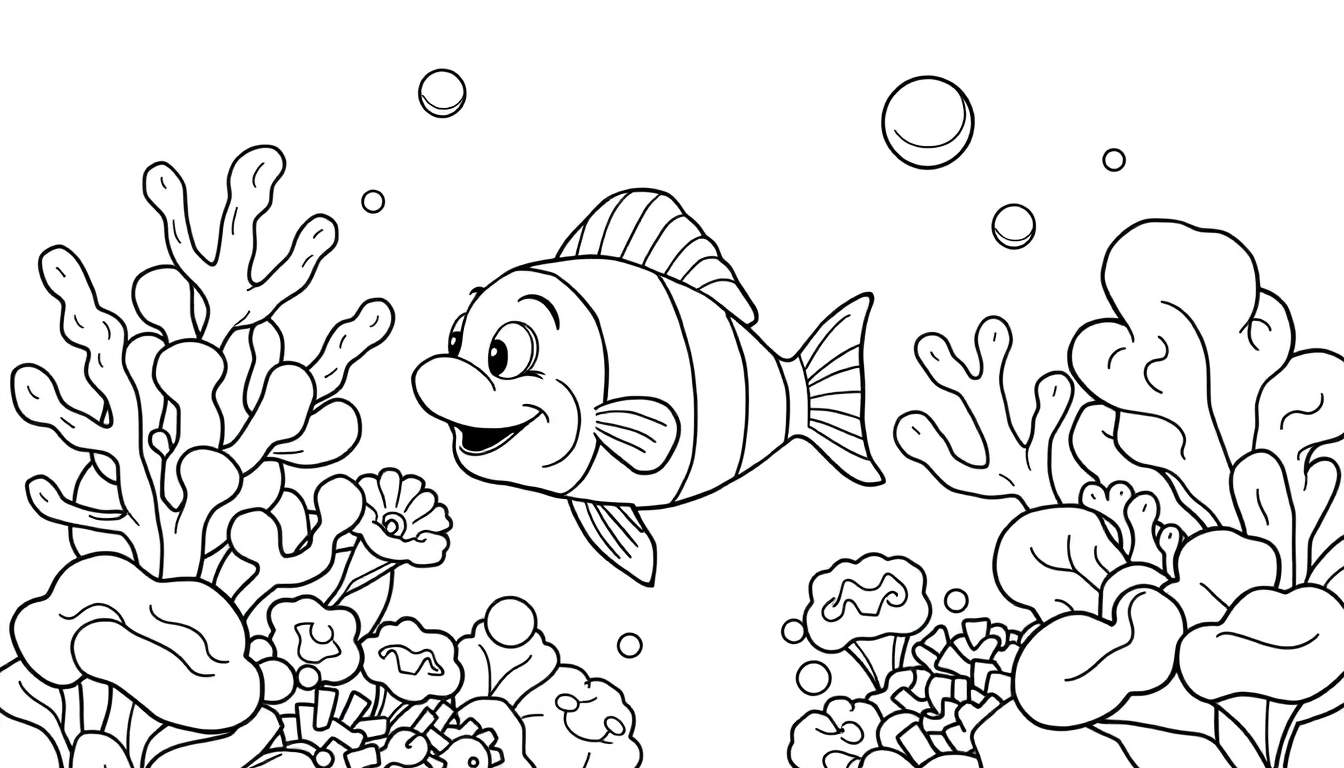 Un poisson-clown souriant nage dans un récif corallien dessiné, avec des bulles et des algues, idéal pour un color panel.