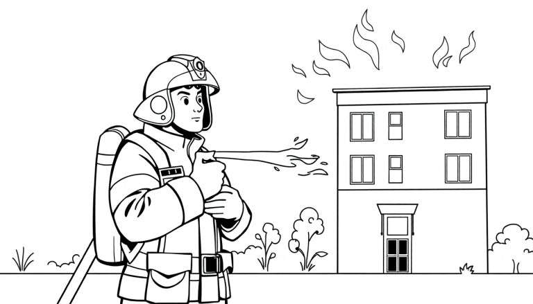 Dessin au trait d'un pompier éteignant un feu avec une lance à eau, adapté pour un livre de coloriage.
