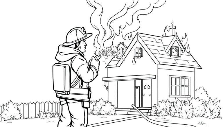 Un pompier combat un incendie dans une maison, un dessin au trait en noir et blanc. Il n'y a pas de color panel dans cette image.
