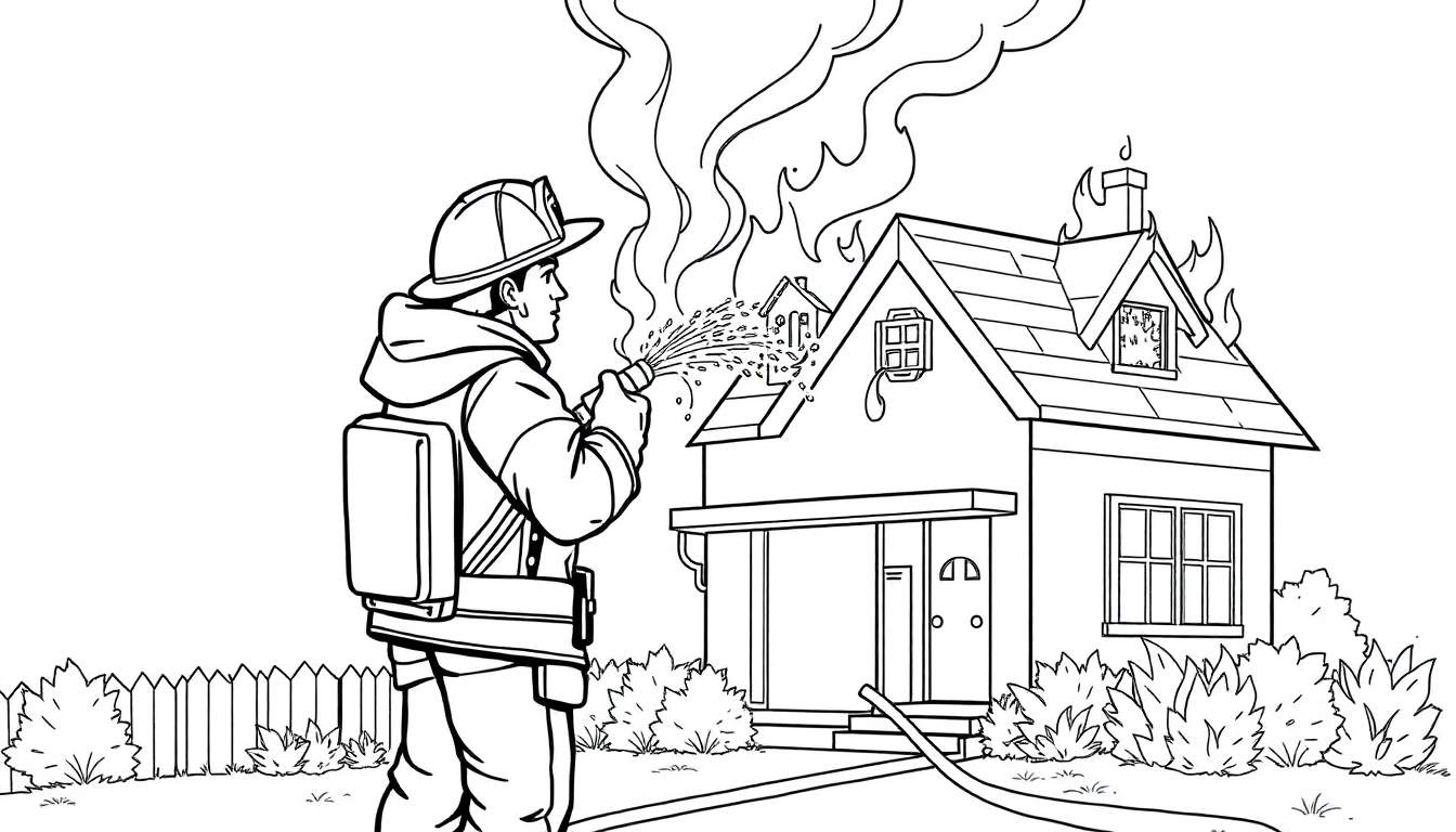 Un pompier combat un incendie dans une maison, un dessin au trait en noir et blanc. Il n'y a pas de color panel dans cette image.
