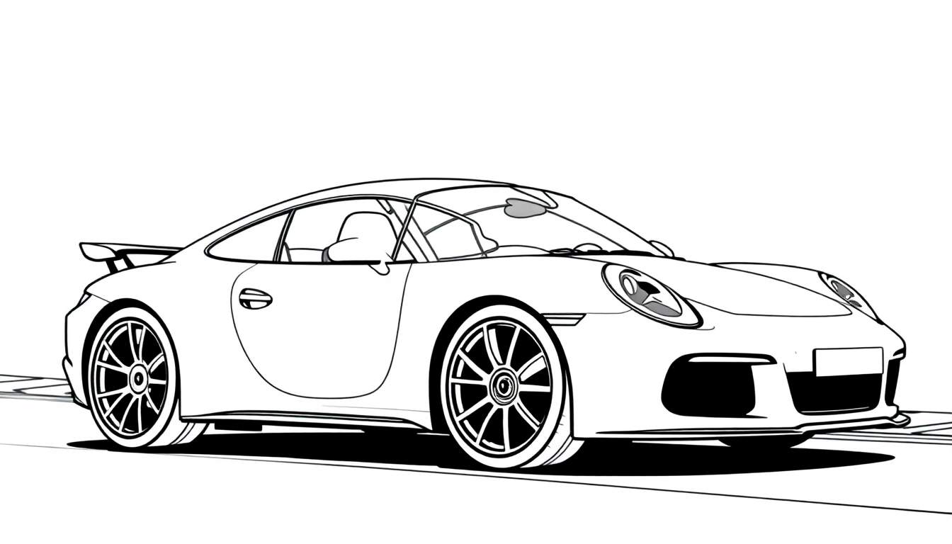 Dessin au trait d'une Porsche 911 noire et blanche avec aileron arrière, style coloriage.