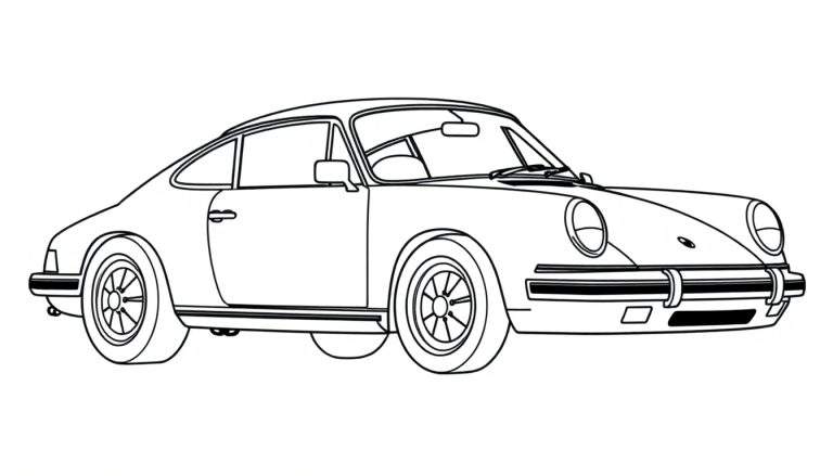 Dessin au trait d'une Porsche 911 classique prête à être coloriée.