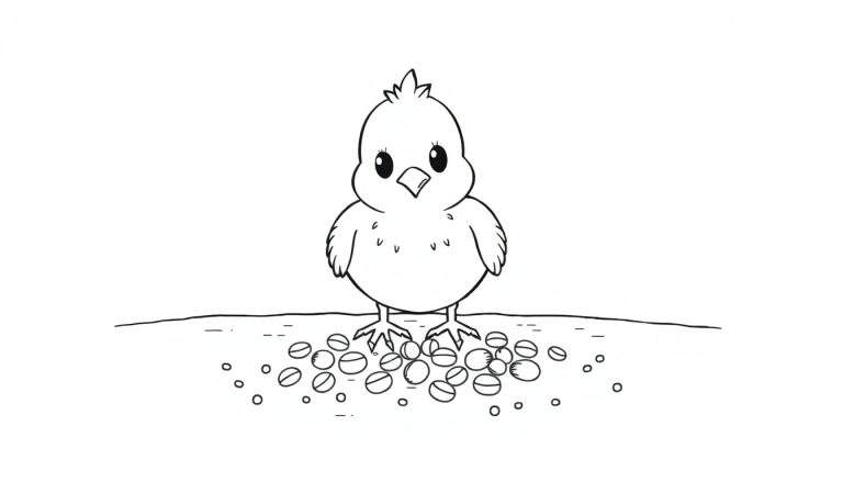 Un poussin mignon mange des graines, une page à colorier.