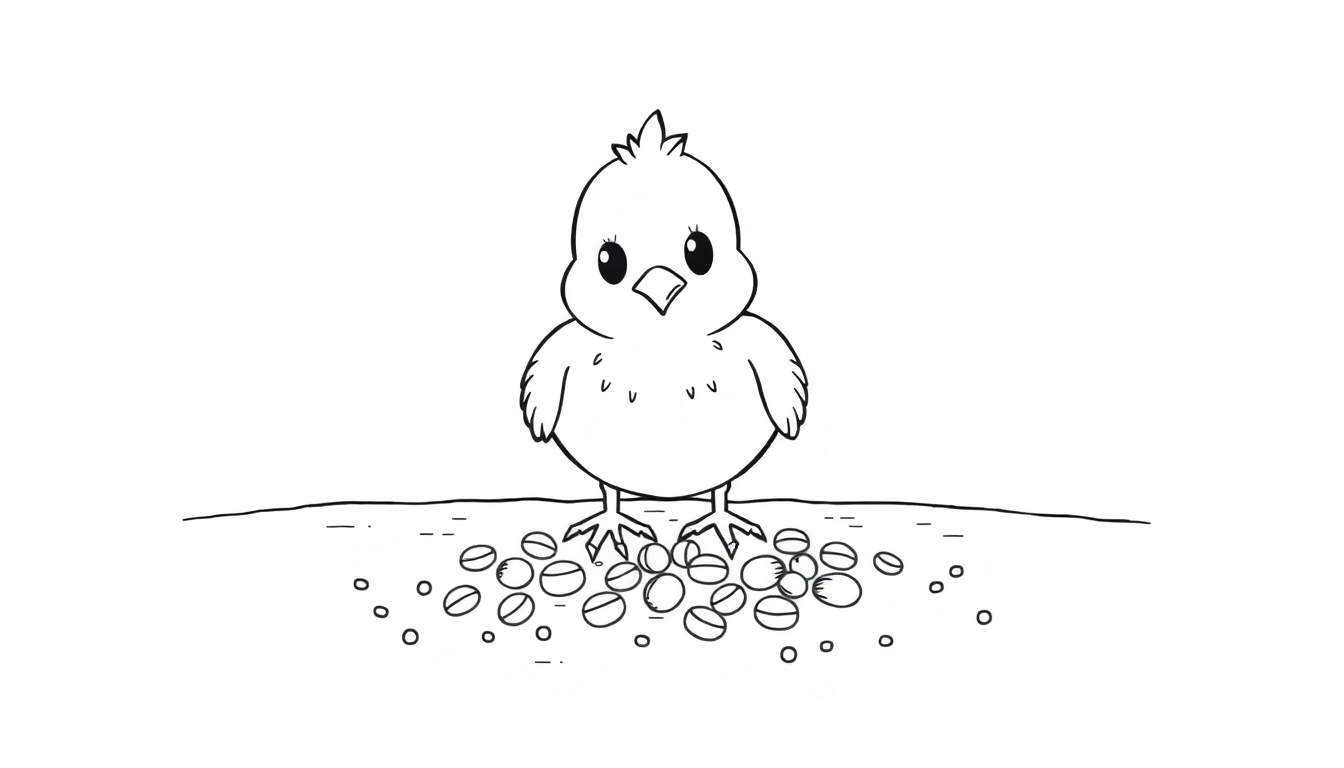 Un poussin mignon mange des graines, une page à colorier.