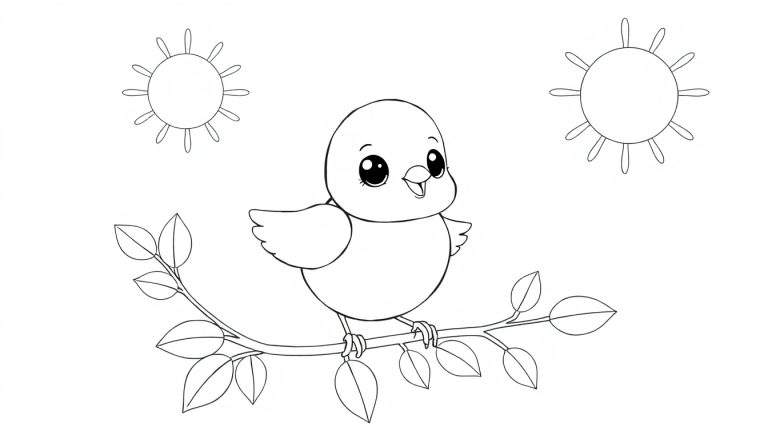 Dessin au trait d'un oiseau mignon perché sur une branche avec des feuilles et deux soleils stylisés au-dessus, destiné à un color panel.