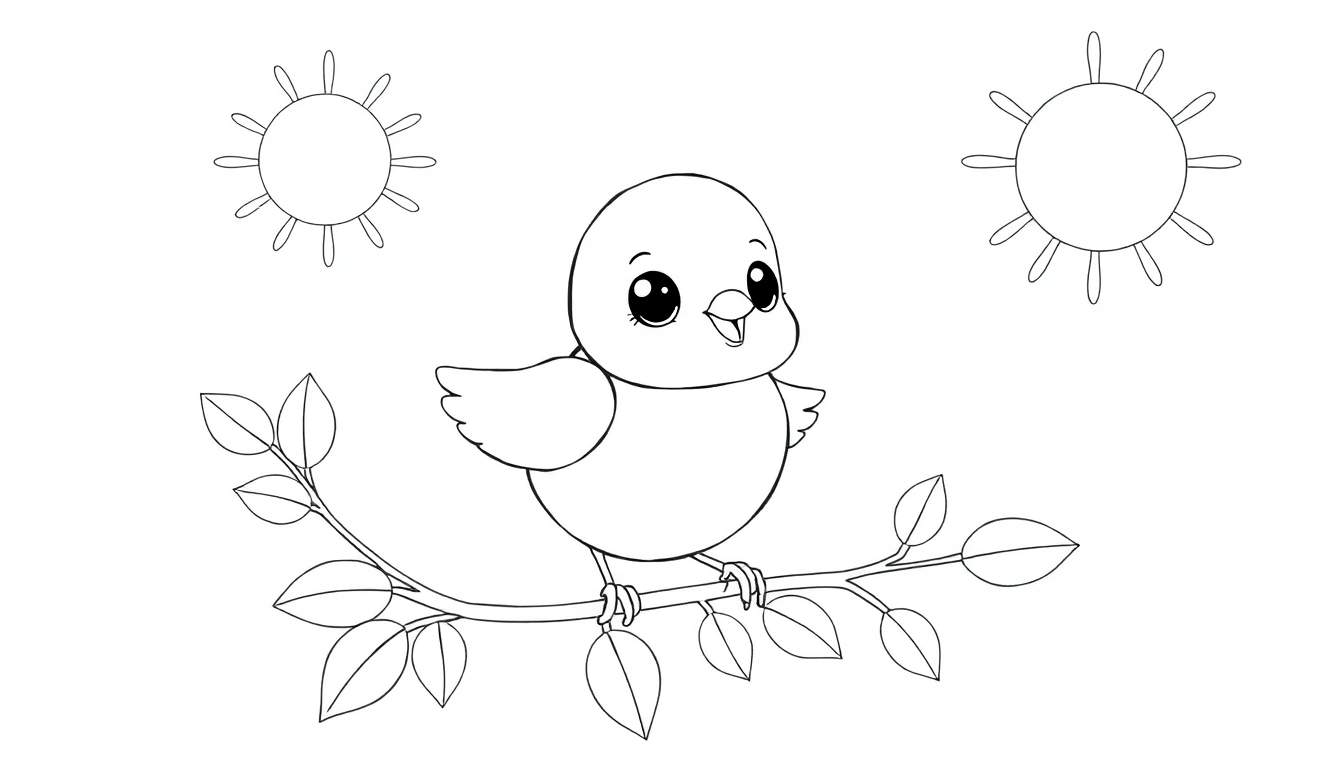 Dessin au trait d'un oiseau mignon perché sur une branche avec des feuilles et deux soleils stylisés au-dessus, destiné à un color panel.