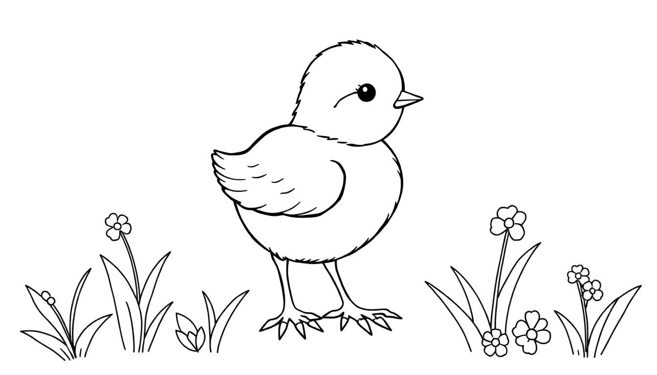 Dessin au trait d'un poussin mignon dans un pré de fleurs, prêt à être colorisé.