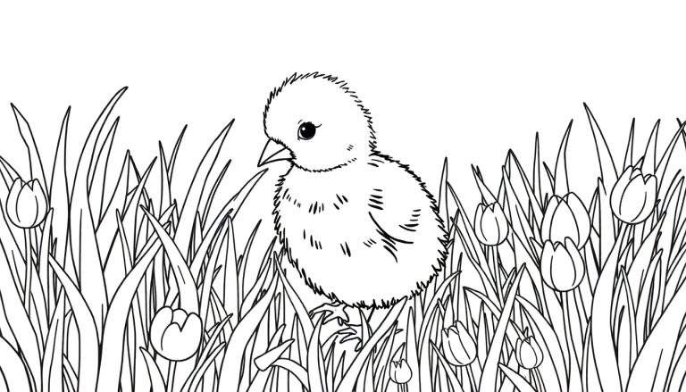 Un adorable poussin noir et blanc au milieu d'un champ d'herbe verte et de tulipes