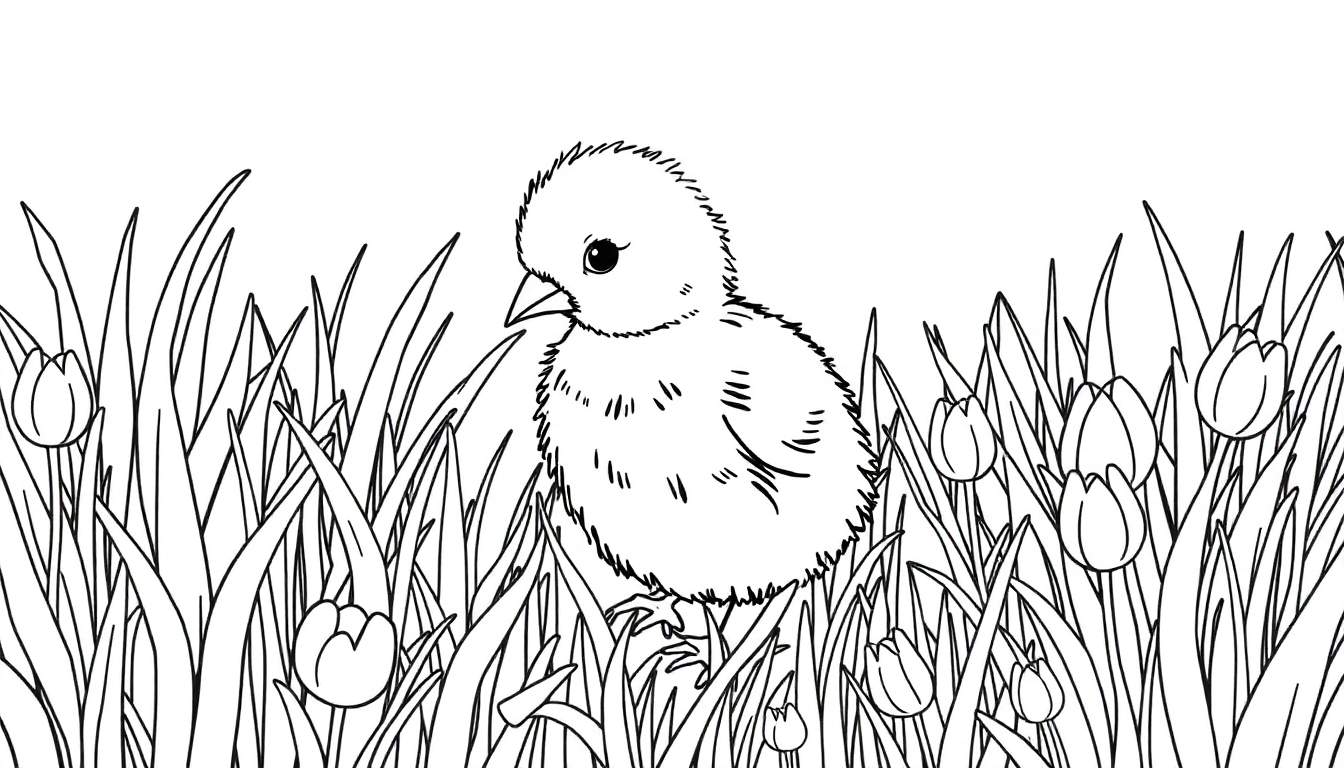 Un adorable poussin noir et blanc au milieu d'un champ d'herbe verte et de tulipes
