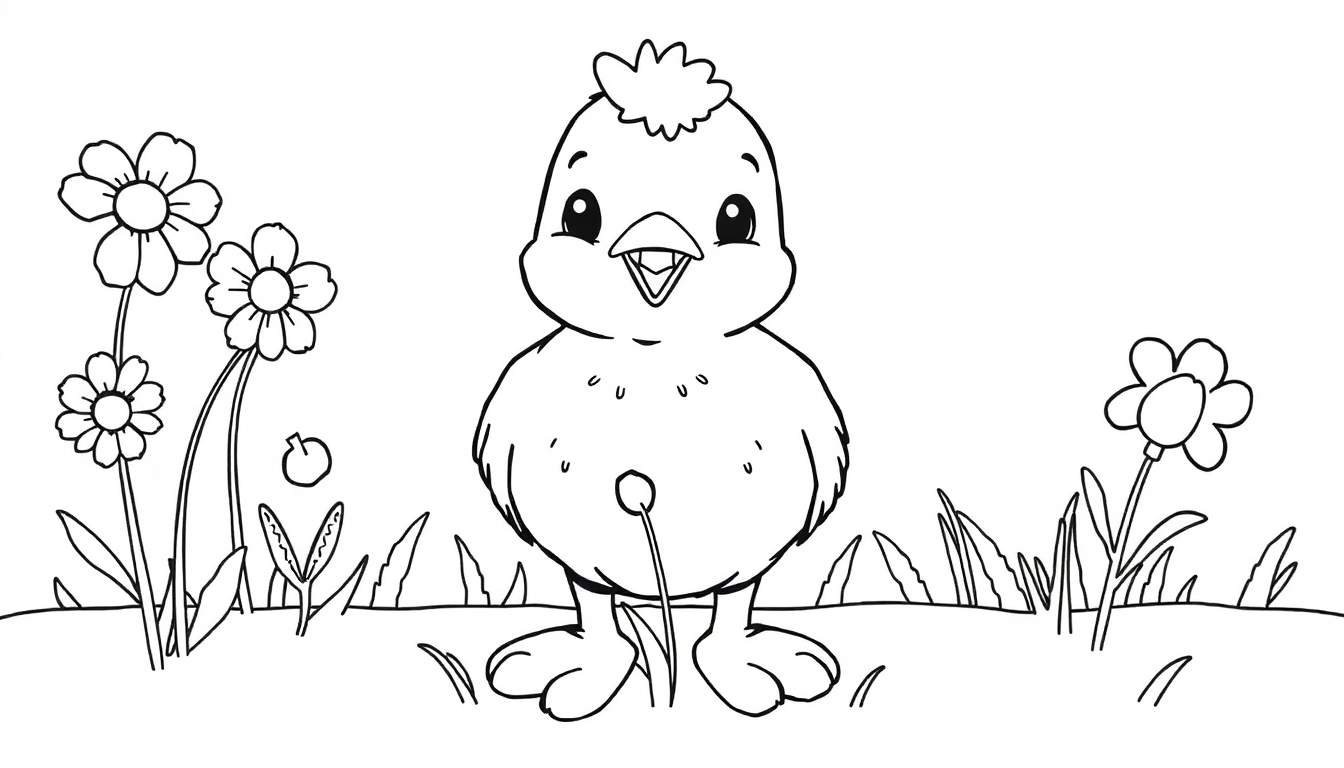 Poussin mignon dans un color panel floral.