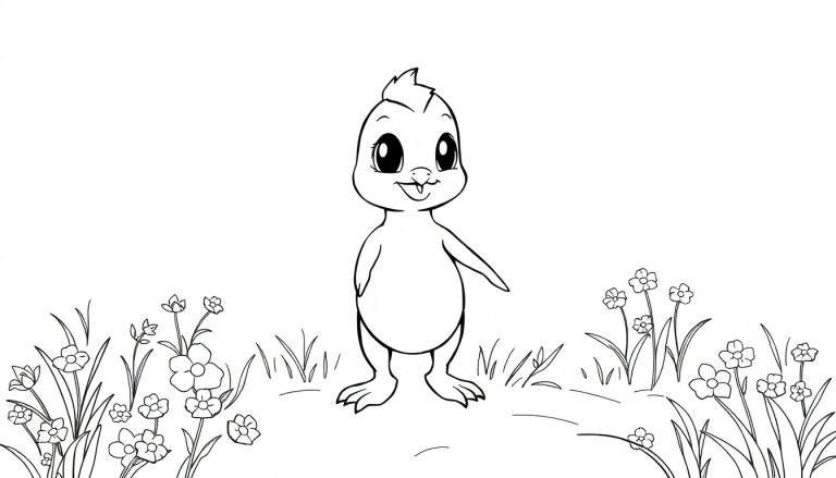 Poussin mignon dans un champ de fleurs, style livre de coloriage.