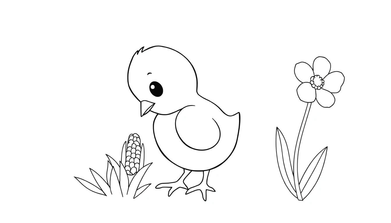 Un petit poussin dessiné au trait à côté d'un épi de maïs et d'une fleur, parfait pour un color panel.