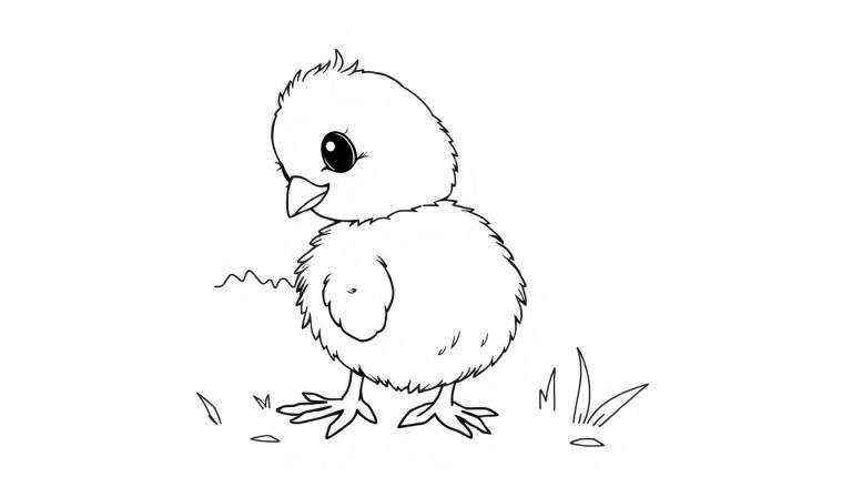 Un dessin au trait mignon d'un poussin dans l'herbe avec un color panel.
