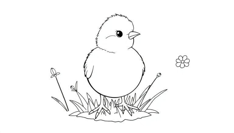 Un poussin mignon dans un color panel d'herbe avec une fleur.