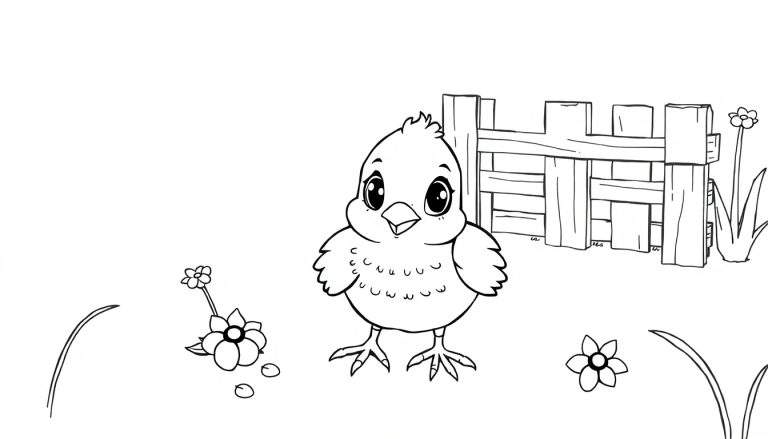 Poussin de dessin animé mignon dans un champ avec des fleurs et une clôture, un élément d'un color panel.