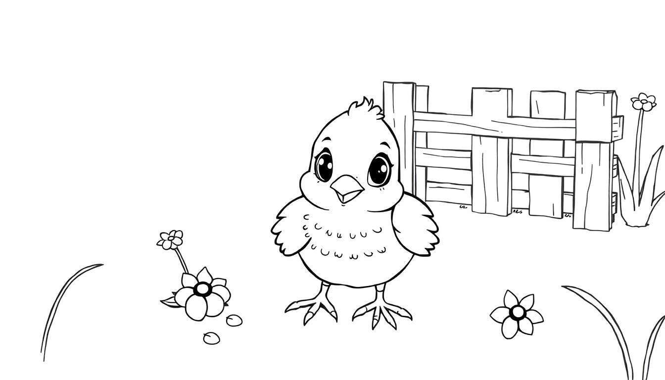 Poussin de dessin animé mignon dans un champ avec des fleurs et une clôture, un élément d'un color panel.