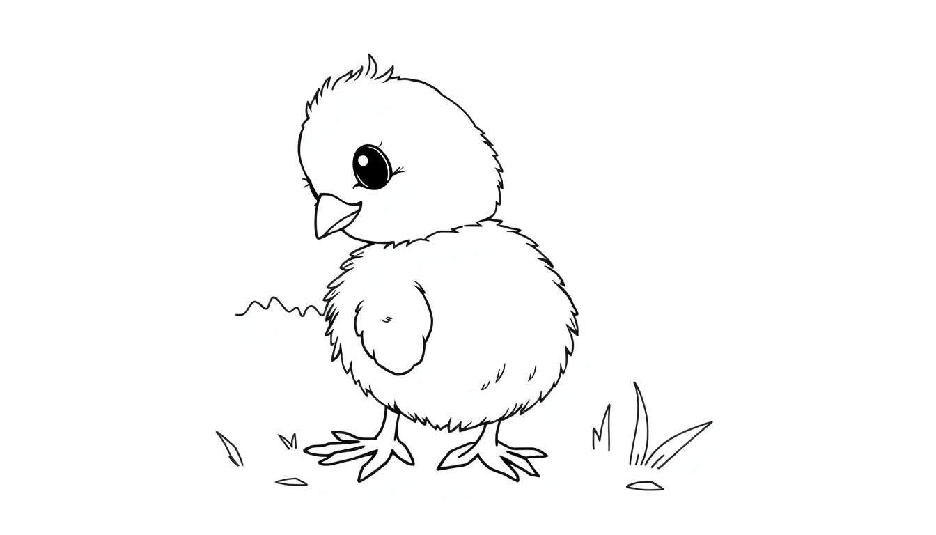 Un dessin au trait mignon d'un poussin dans l'herbe avec un color panel.