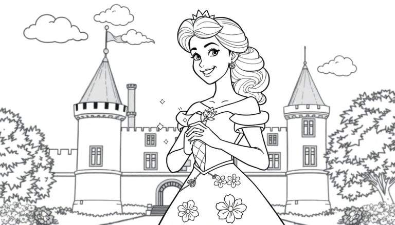Princesse souriante devant un château, avec une baguette magique, coloriage