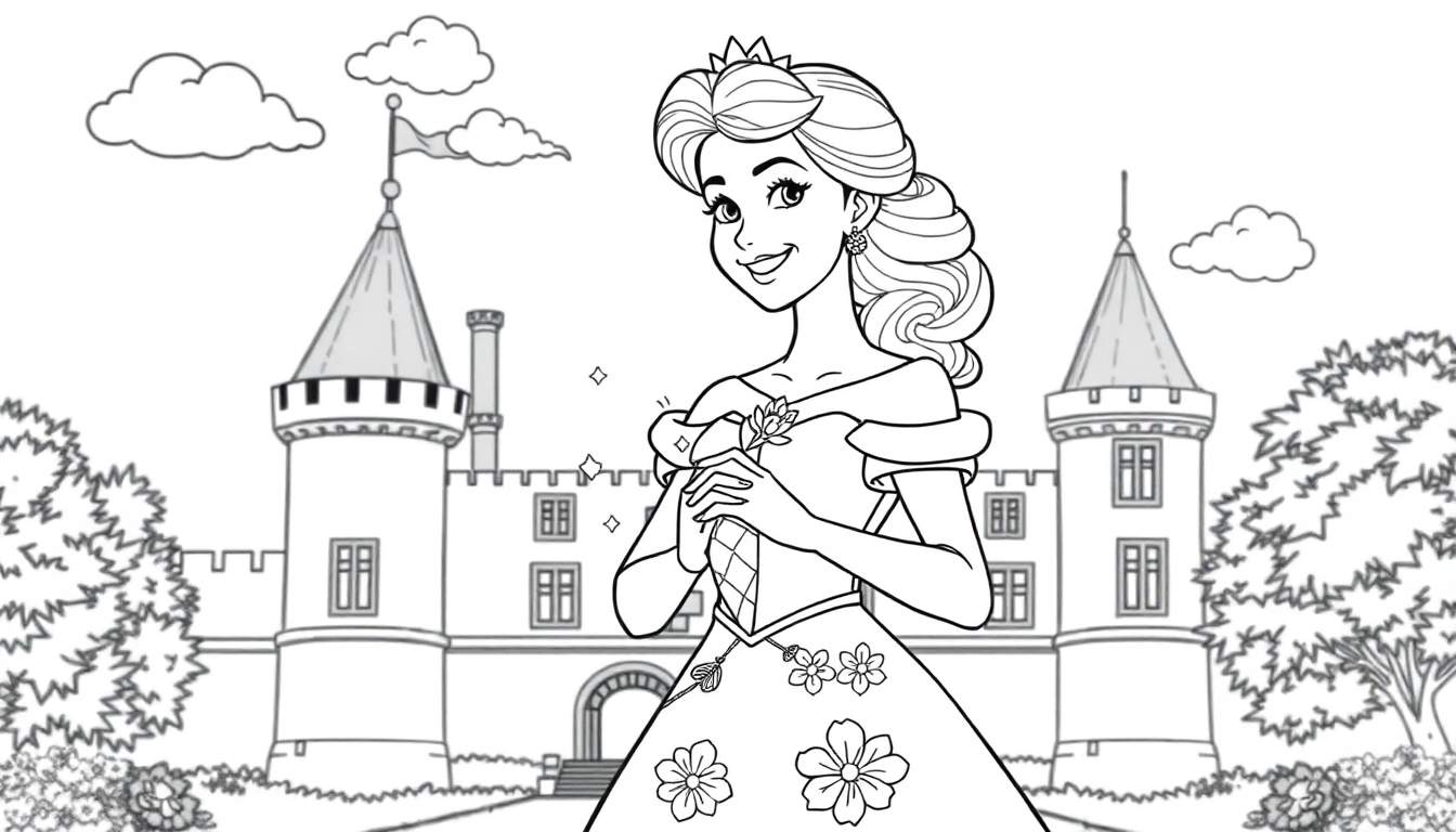 Princesse souriante devant un château, avec une baguette magique, coloriage