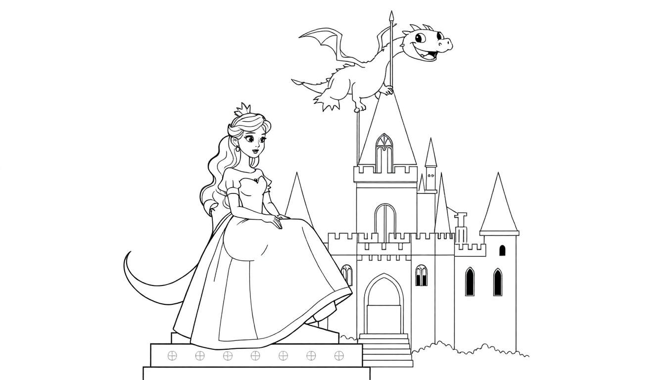 Dessin au trait d'une princesse assise sur une plate-forme devant un château avec un dragon volant au-dessus, color panel.
